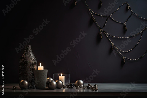 christmas decorations on a table with candles, ornaments and garlands in the dark blue wall behind it is a black background. Generative AI