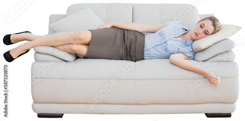 Attractive peaceful businesswoman sleeping lying on couch