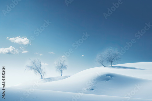 some trees in the middle of a snow covered field with blue sky and white clouds above them are two bare trees. Generative AI © Golib Tolibov