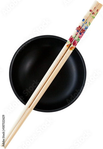 Close up of chopsticks with black bowl