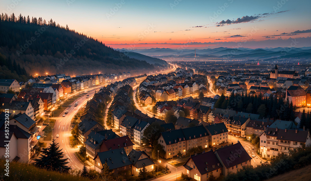 Photo of a picturesque town with a majestic mountain backdrop under the starry night sky