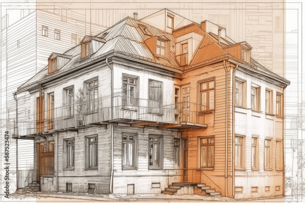 Fototapeta premium two-story house with balconies and a front yard. Generative AI