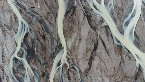 Glacial Rivers from Above, Aerial View of the River Streams from Icelandic Glaciers. Beautiful Art of the Mother Nature Created in Iceland. Wallpaper Background 