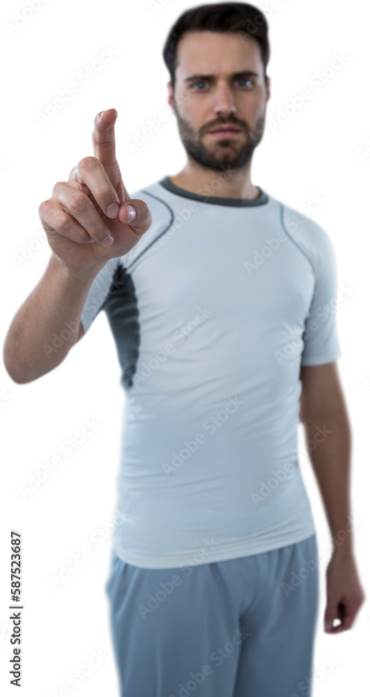 Man pretending to touch invisible screen Man pretending to touch invisible screen