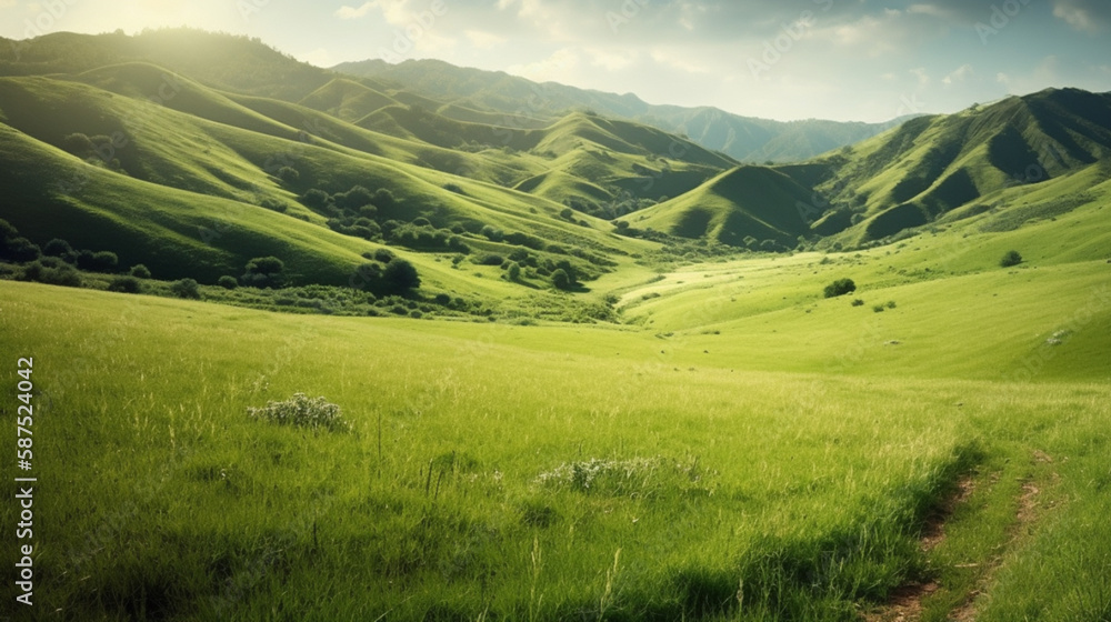 Green meadow view with mountains, copy space background. Panorama 21:9 wallpaper style, daylight with natural light. Generated AI