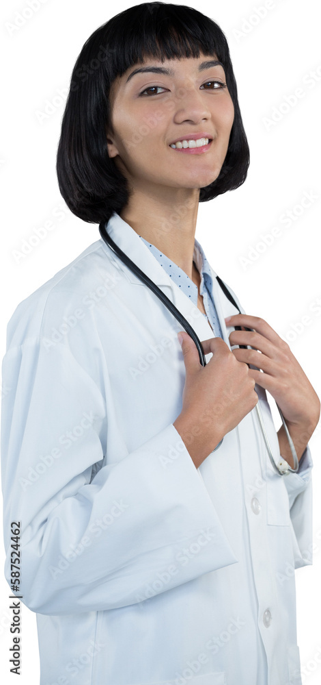 Confident doctor standing against grey background Confident doctor standing against grey background