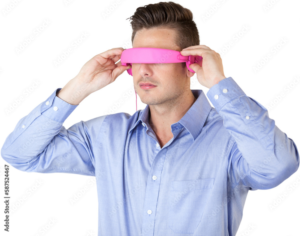 Man using pink virtual video glasses Man using pink virtual video glasses