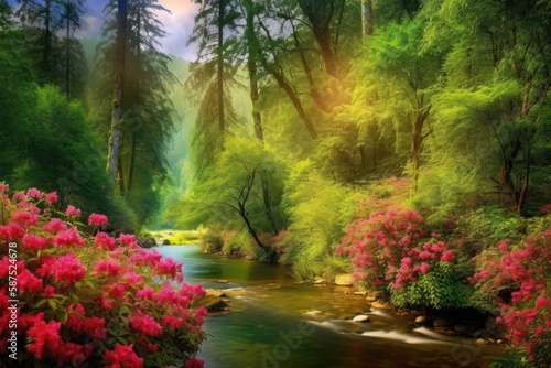 A lush forest with towering trees  bright flowers  and a gently flowing river background  Generative AI