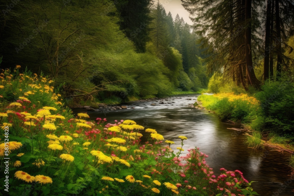 A lush forest with towering trees, bright flowers, and a gently flowing river background Generative AI A lush forest with towering trees, bright flowers, and a gently flowing river background Generative AI