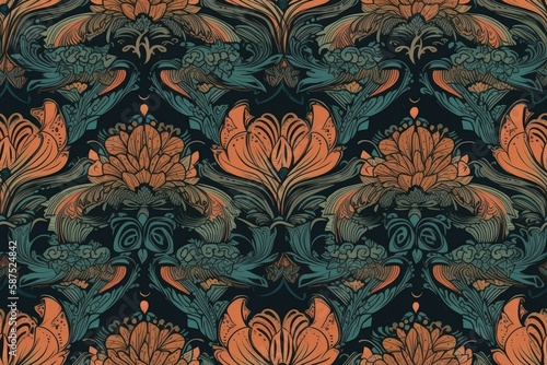 floral and leafy pattern on a black background. Generative AI