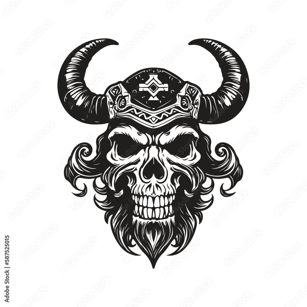 viking skull, logo concept black and white color, hand drawn illustration