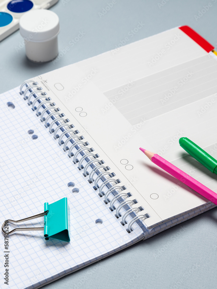 Top view of a flat work desk lies a notebook with blank sheets and stationery. Template for women's blogs in social networks Top view of a flat work desk lies a notebook with blank sheets and stationery. Template for women's blogs in social networks
