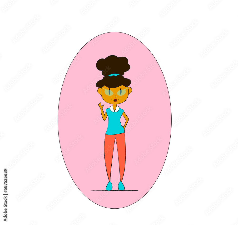 Cartoon Woman with Curly Brown Hair