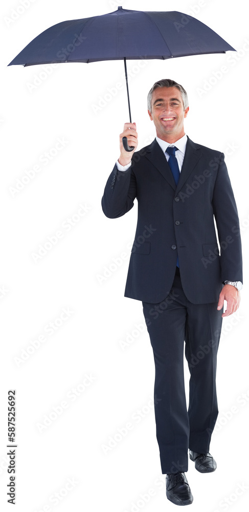 Smiling businessman with umbrella walking over white background Smiling businessman with umbrella walking over white background