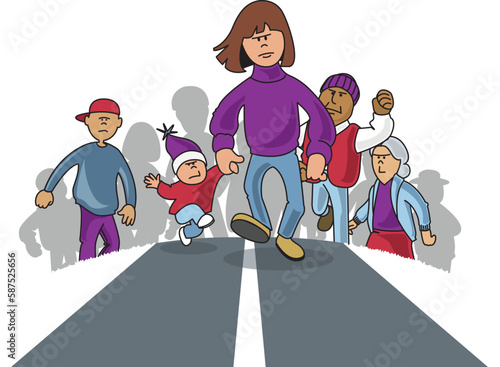 Angry protesters of all ages marching down a road
