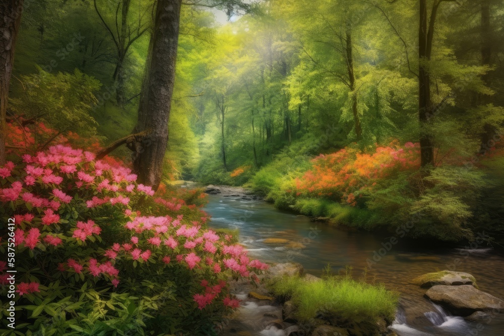 A lush forest with towering trees, bright flowers, and a gently flowing river background  Generative AI