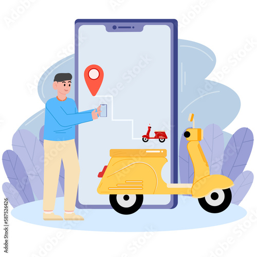 A Man Is Ordering Delivery Service Transportation Using a Motorbike Illustration