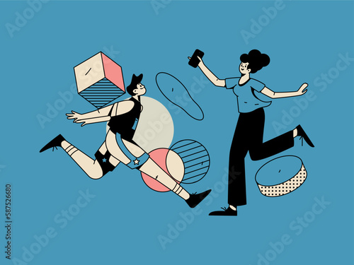 Vector internet operation hand-drawn illustration of people exercising and running healthy
