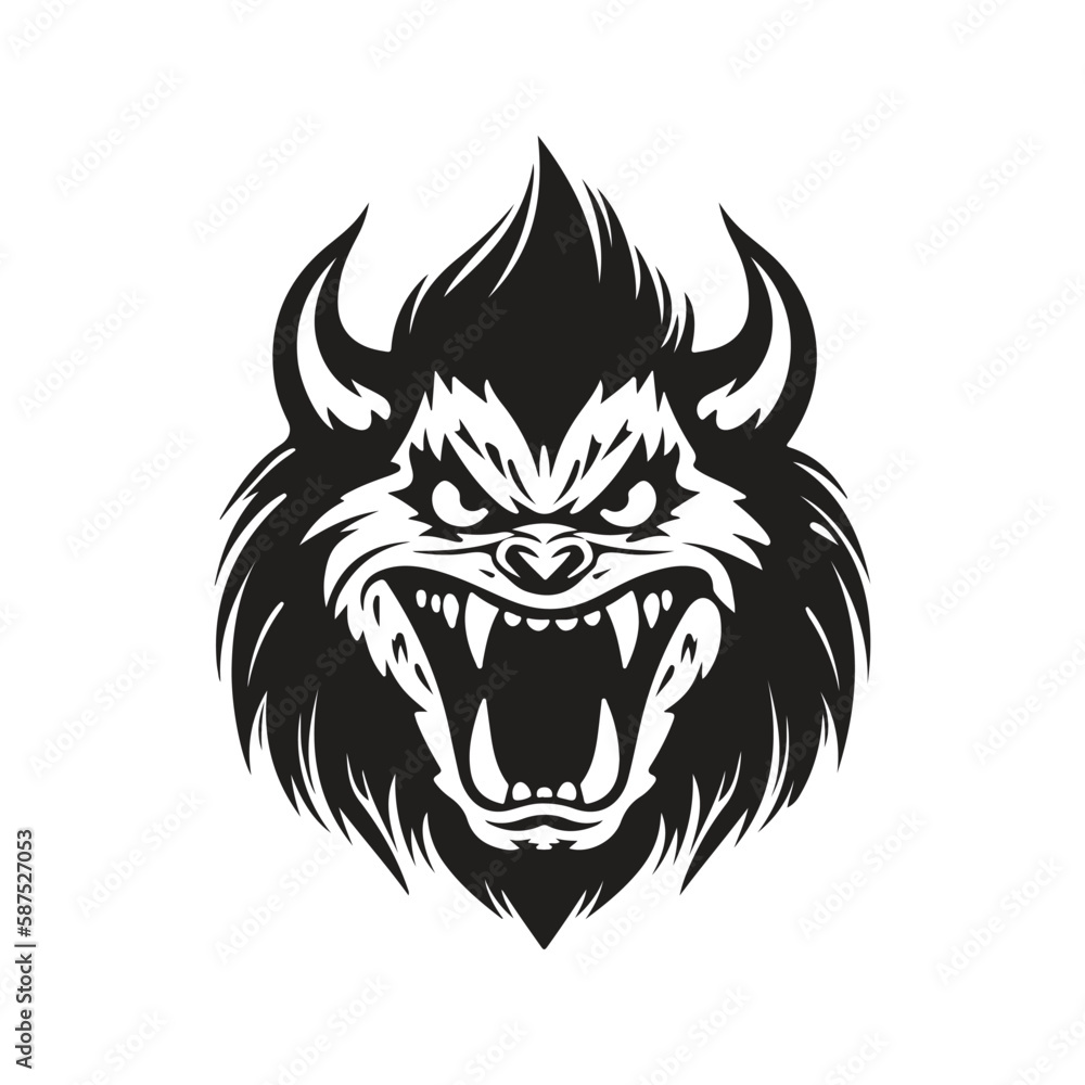 aggressive monster, logo concept black and white color, hand drawn illustration