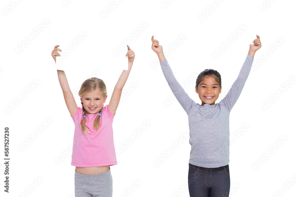Happy girls holding placards over white background Happy girls holding placards over white background