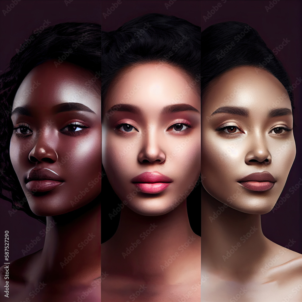 three women's faces, each with different skin tones and their makeup looks like they are looking at the same. Generative AI three women's faces, each with different skin tones and their makeup looks like they are looking at the same. Generative AI