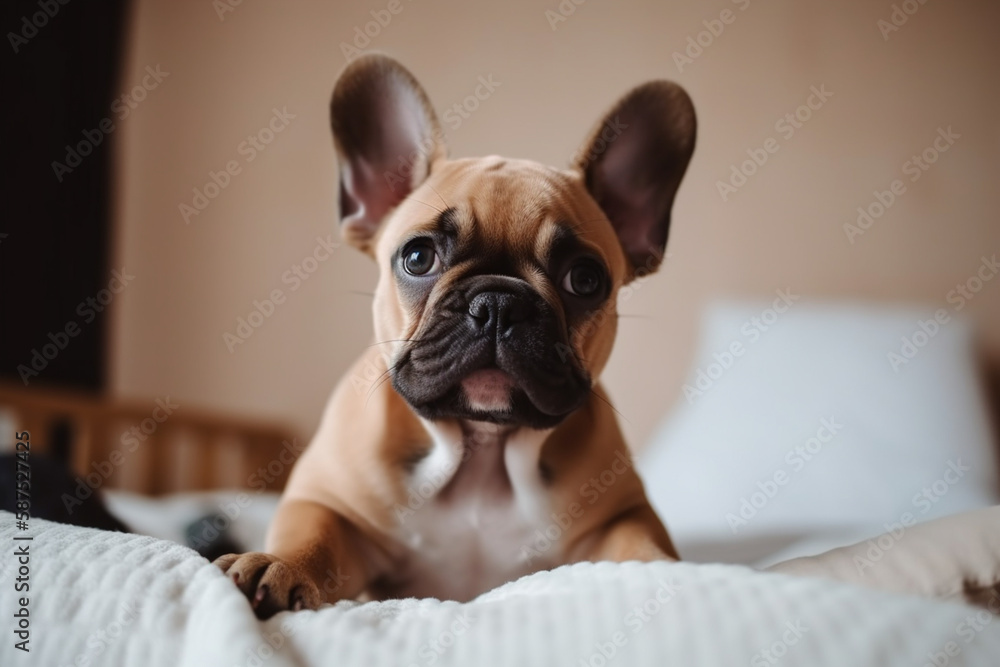 A cute French Bulldog puppy sitting on a bed, its big eyes and adorable face creating a sense of playfulness and charm, indoor background with cozy and modern interior design