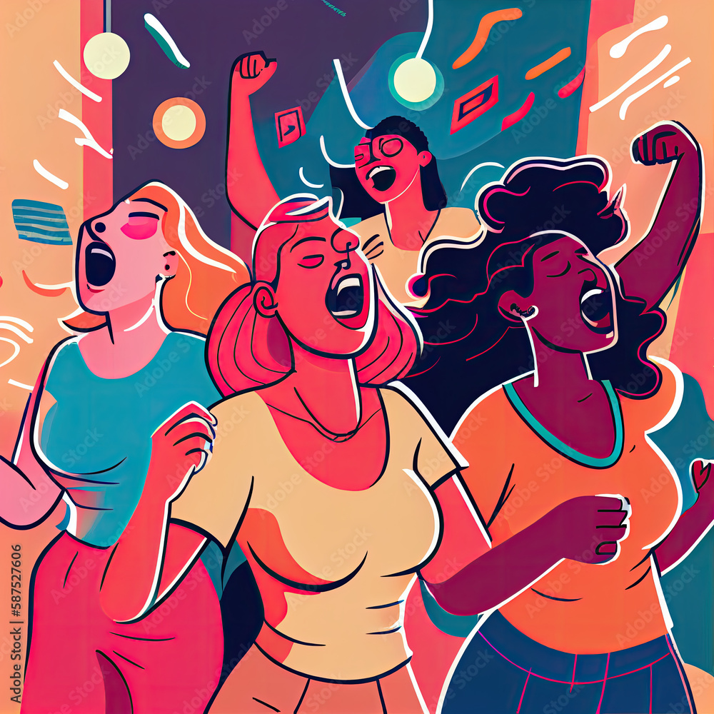 three women dancing in front of an orange background with the words,'i love you's my friend '. Generative AI three women dancing in front of an orange background with the words,'i love you's my friend '. Generative AI