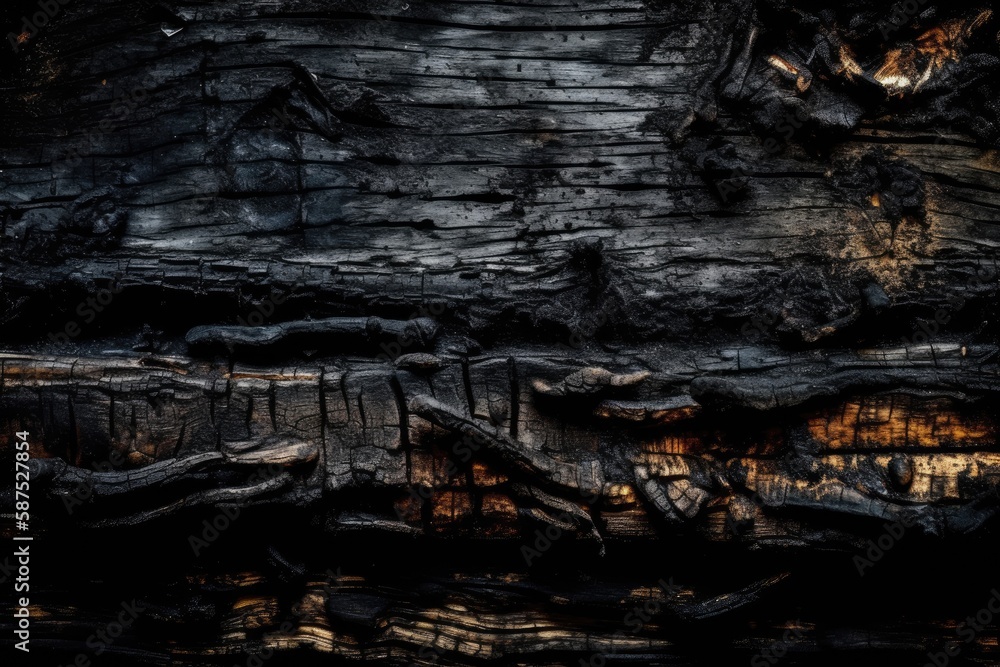 Black grunge background. Burned wood texture. Generative AI