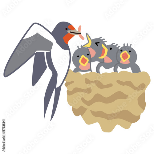 ツバメが雛鳥に餌をあげているイラスト