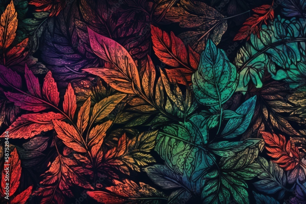 autumn leaves in vivid colors contrasting against a black background. Generative AI autumn leaves in vivid colors contrasting against a black background. Generative AI