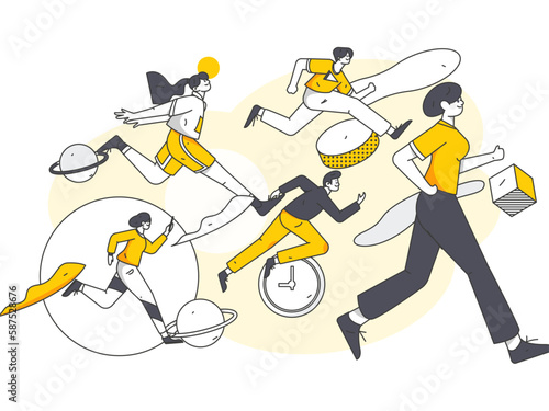 Vector internet operation hand-drawn illustration of people exercising and running healthy
