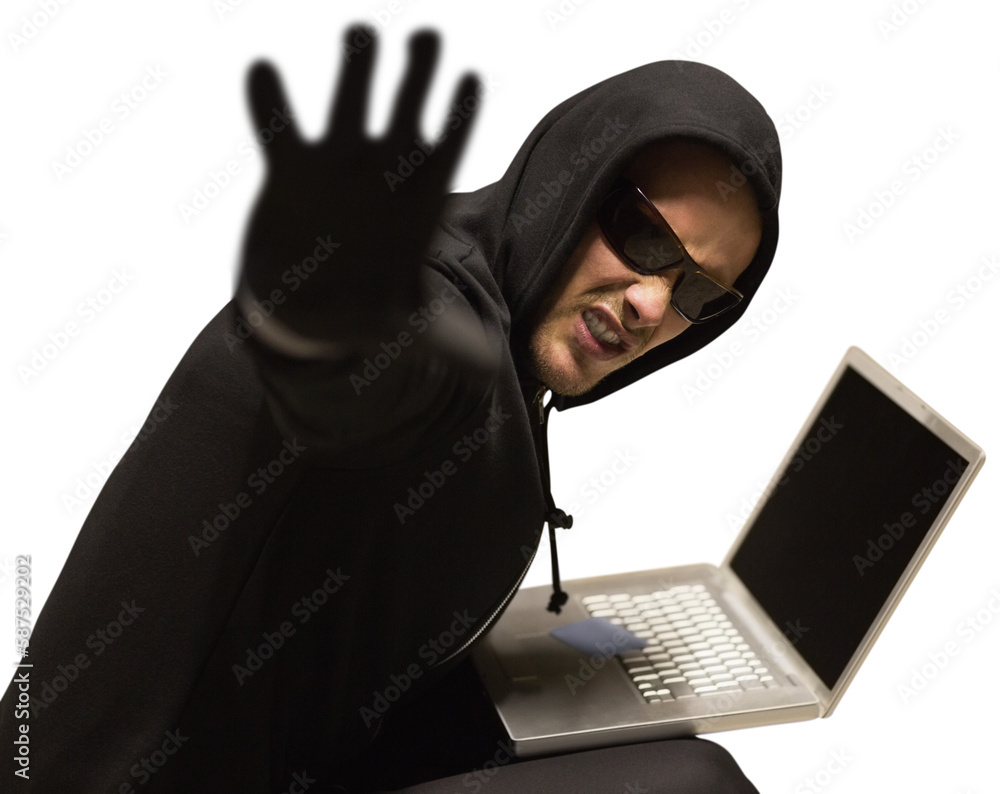 Hacker with laptop gesturing Hacker with laptop gesturing