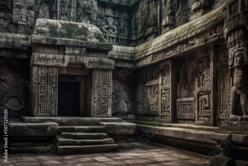 A mysterious ancient ruin with intricate carvings and hidden secrets waiting to be discovered background Generative AI