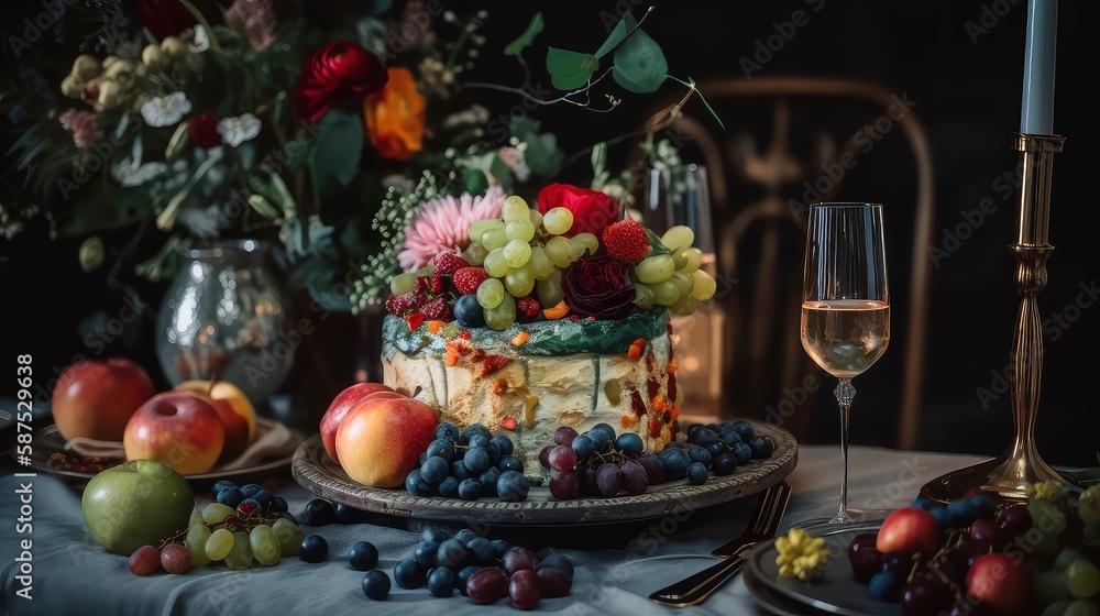 Wedding cake with fruits and glass of wine on the table, Generative AI
