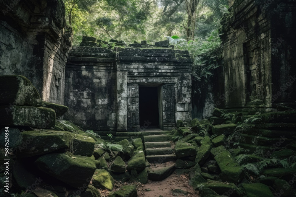 A mysterious ancient ruin with intricate carvings and hidden secrets waiting to be discovered background Generative AI A mysterious ancient ruin with intricate carvings and hidden secrets waiting to be discovered background Generative AI