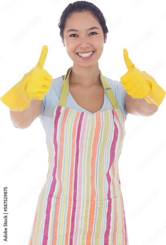 Happy woman giving thumbs up in rubber gloves Happy woman giving thumbs up in rubber gloves