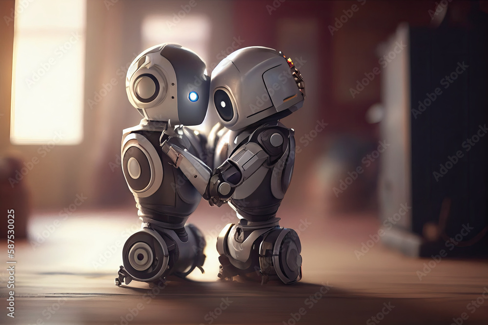 Fototapeta premium a robot that is sitting on the floor and looking at it's reflection in the mirror, with its eyes closed. Generative AI