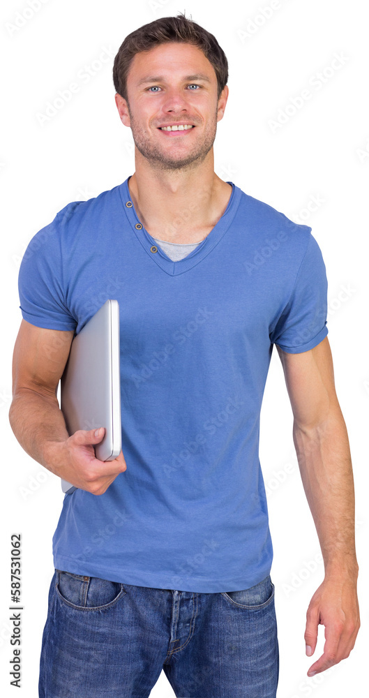 Smiling man with closed laptop Smiling man with closed laptop