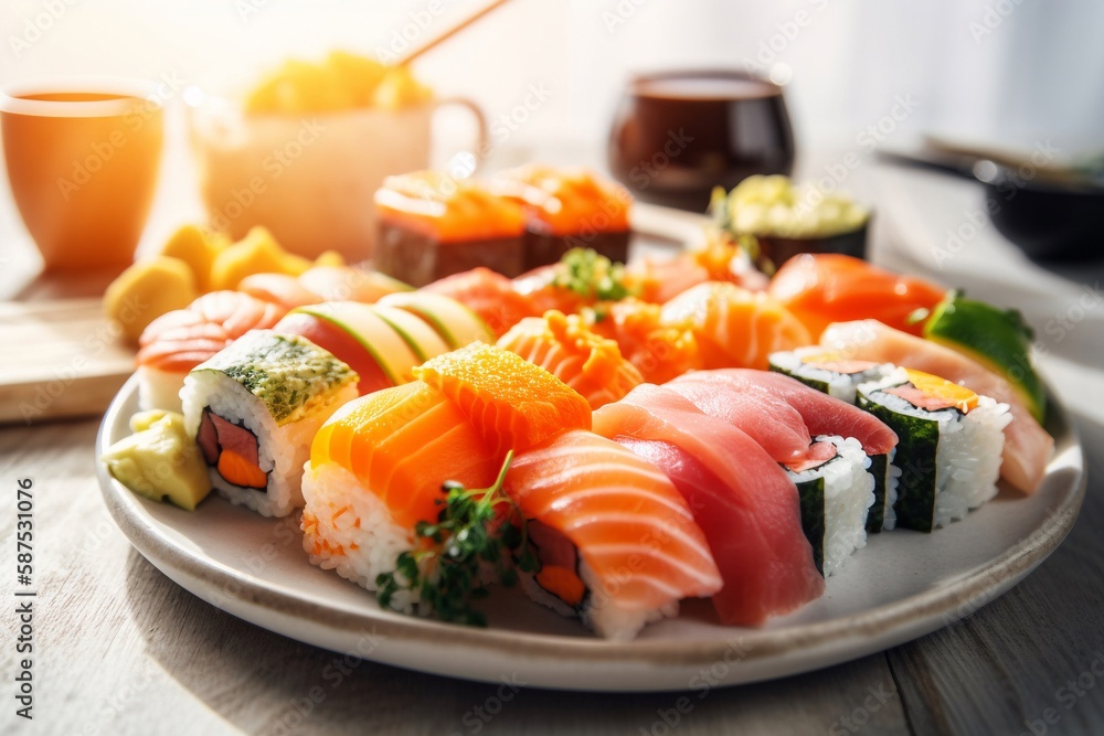 Sushi with vegetable on plate AI Generative