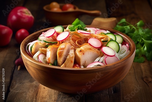 Rice noodles and teriyaki chicken on bowl