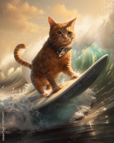 a beautiful radical cat surfing a wave, Generative AI