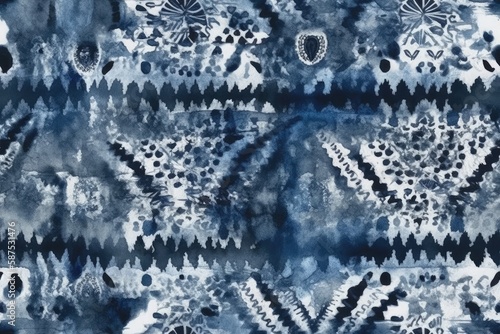 blue and white tie dyed fabric with intricate patterns. Generative AI