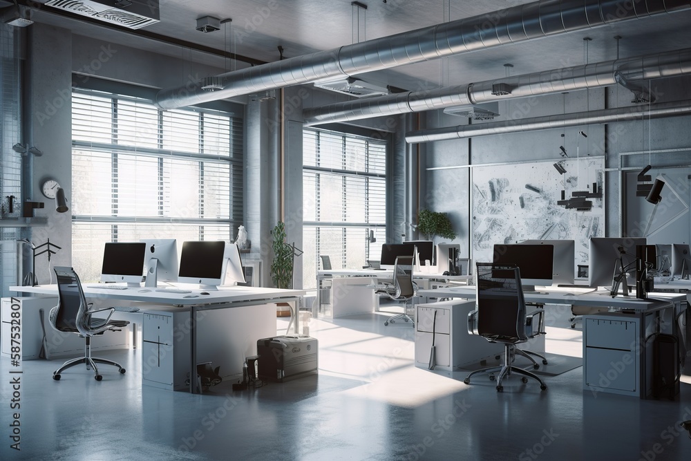 Image showcasing White open plan office in industrial style, featuring exposed elements ...