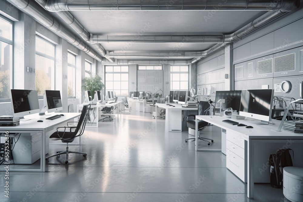 White open plan office in industrial style, featuring exposed elements ...