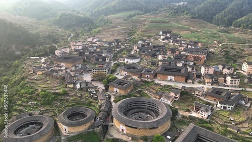 The Fujian earthen buildings (also known as Hakka tulou) in mountains. These buildings are in Chuxi village.