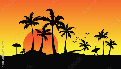 Hello summer vector background   Summer beach  palm tree silhouette