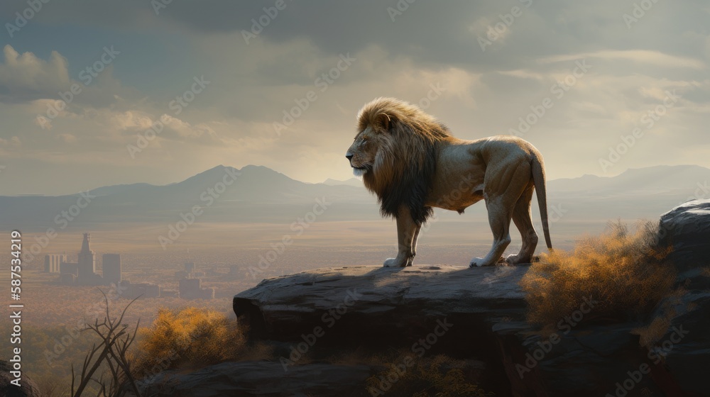 Majestic Lion Standing on a Rock Overlooking a Vast Savannah With Copy Space Majestic Lion Standing on a Rock Overlooking a Vast Savannah With Copy Space