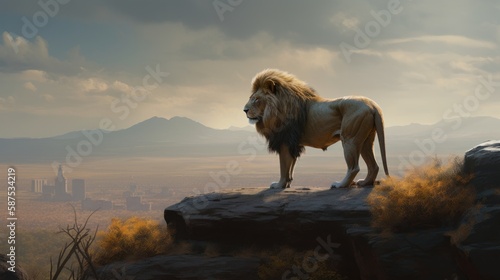 Majestic Lion Standing on a Rock Overlooking a Vast Savannah With Copy Space © Jardel Bassi