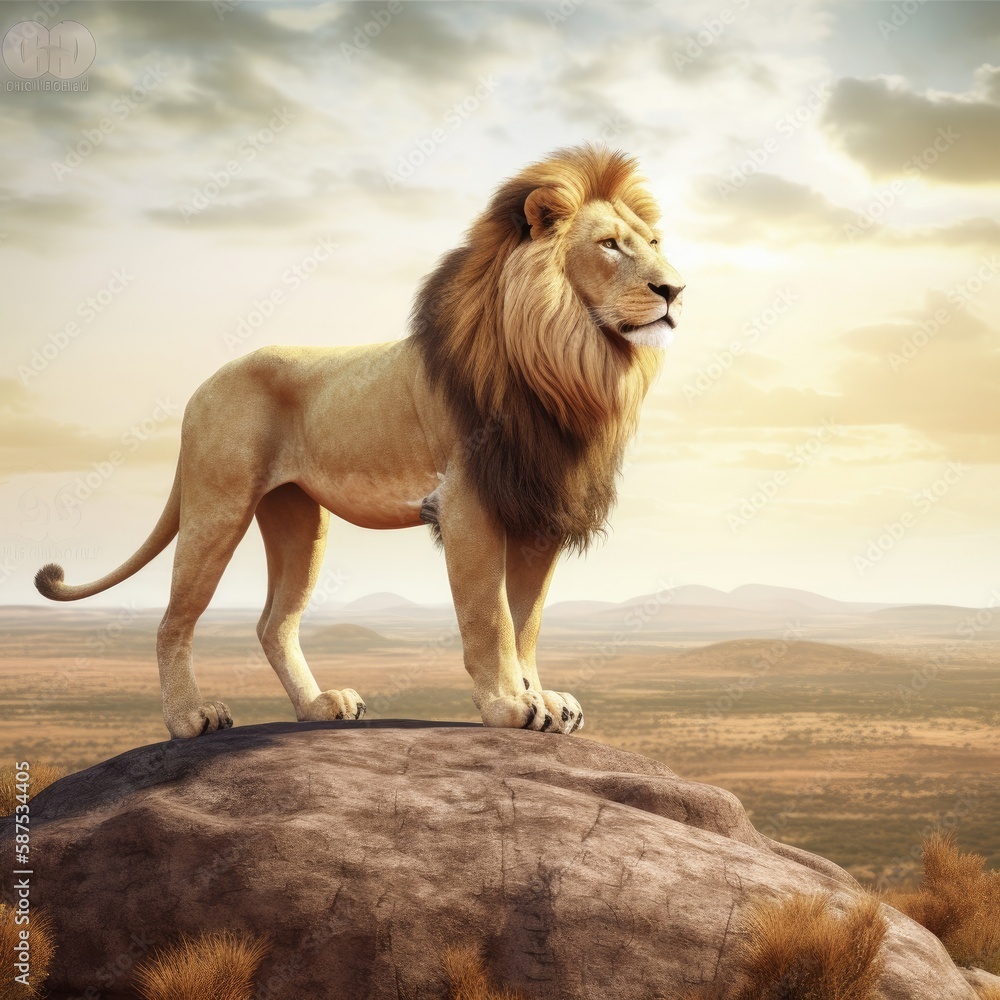 Majestic Lion Standing on a Rock Overlooking a Vast Savannah With Copy Space Majestic Lion Standing on a Rock Overlooking a Vast Savannah With Copy Space