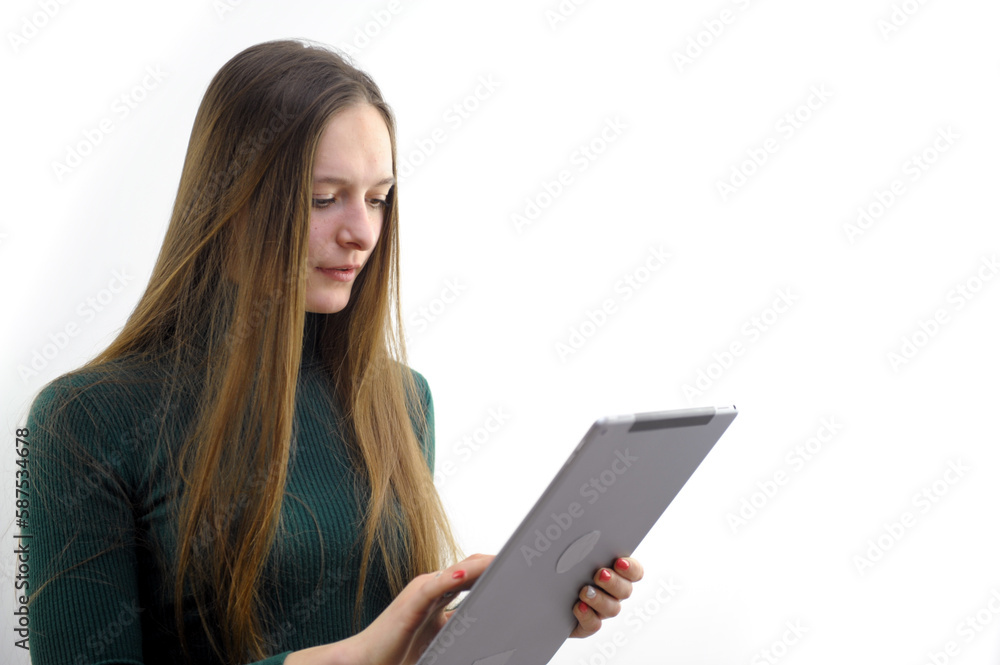 Naklejka premium Business, finance and employment, female successful entrepreneurs concept. Friendly smiling office manager greeting new coworker. Businesswoman welcome clients with hand wave, hold tablet